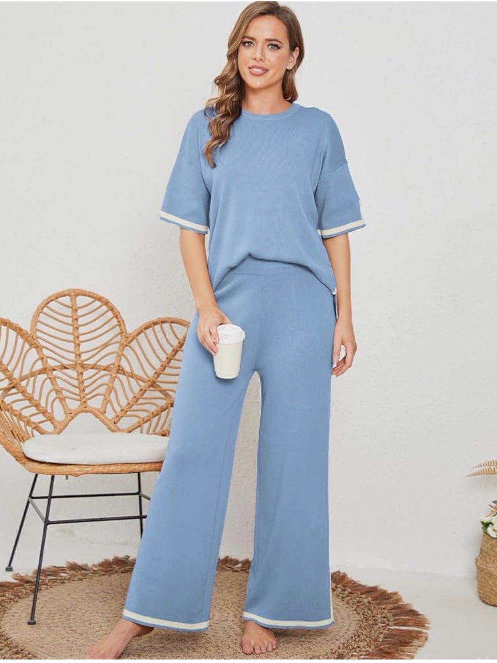 Relaxed Wide-Leg Knit Pants Set - Dusty Blue